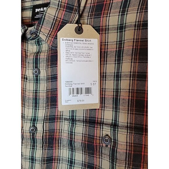 prAna Button Up Flannel Shirt Men's Small Brown Plaid Organic Cotton, NWT $79 - Picture 3 of 8